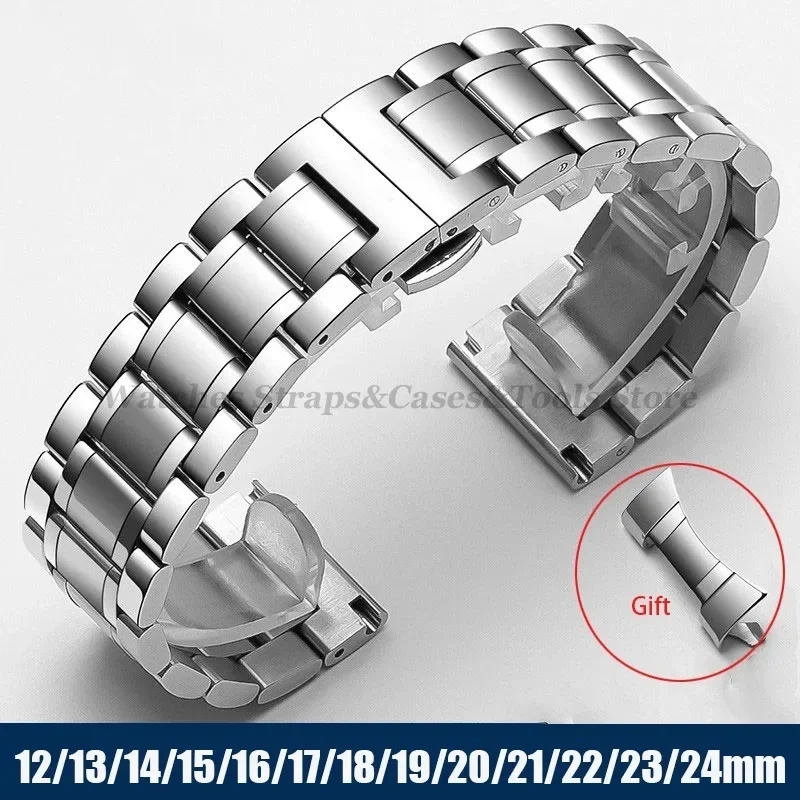 Curved End Solid Stainless Steel Universal Strap 12/13/14/15/16/17/18/19/20/21/22/23/24mm Watch Bands for Tissot Butterfly Clasp