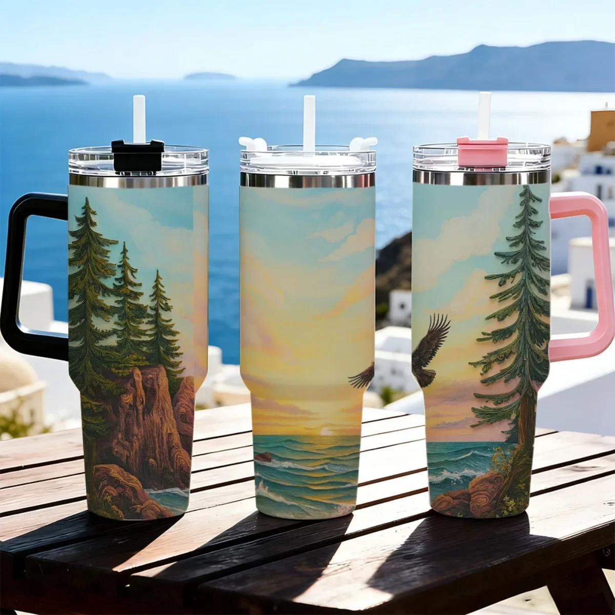 40oz Tumbler with Handle Mountain Seaside Eagle Print Insulated Cup, Other Colors Out of Stock, Random Black‑White Shipment