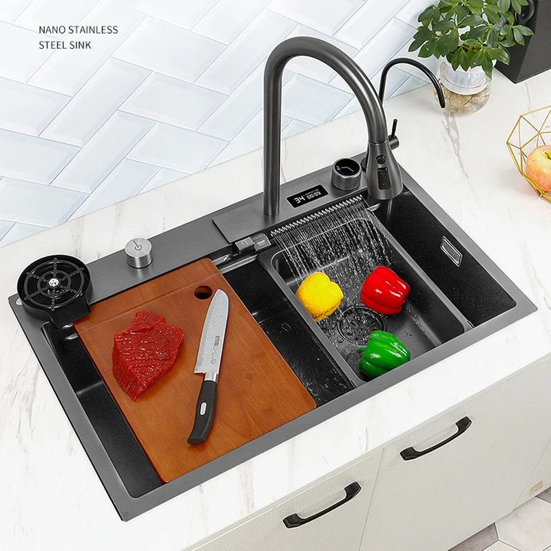 

Nano Kitchen Sink Stainless Steel Countertop Sink Multifunctional Digital Display Waterfall Sink Faucet With Drainage System