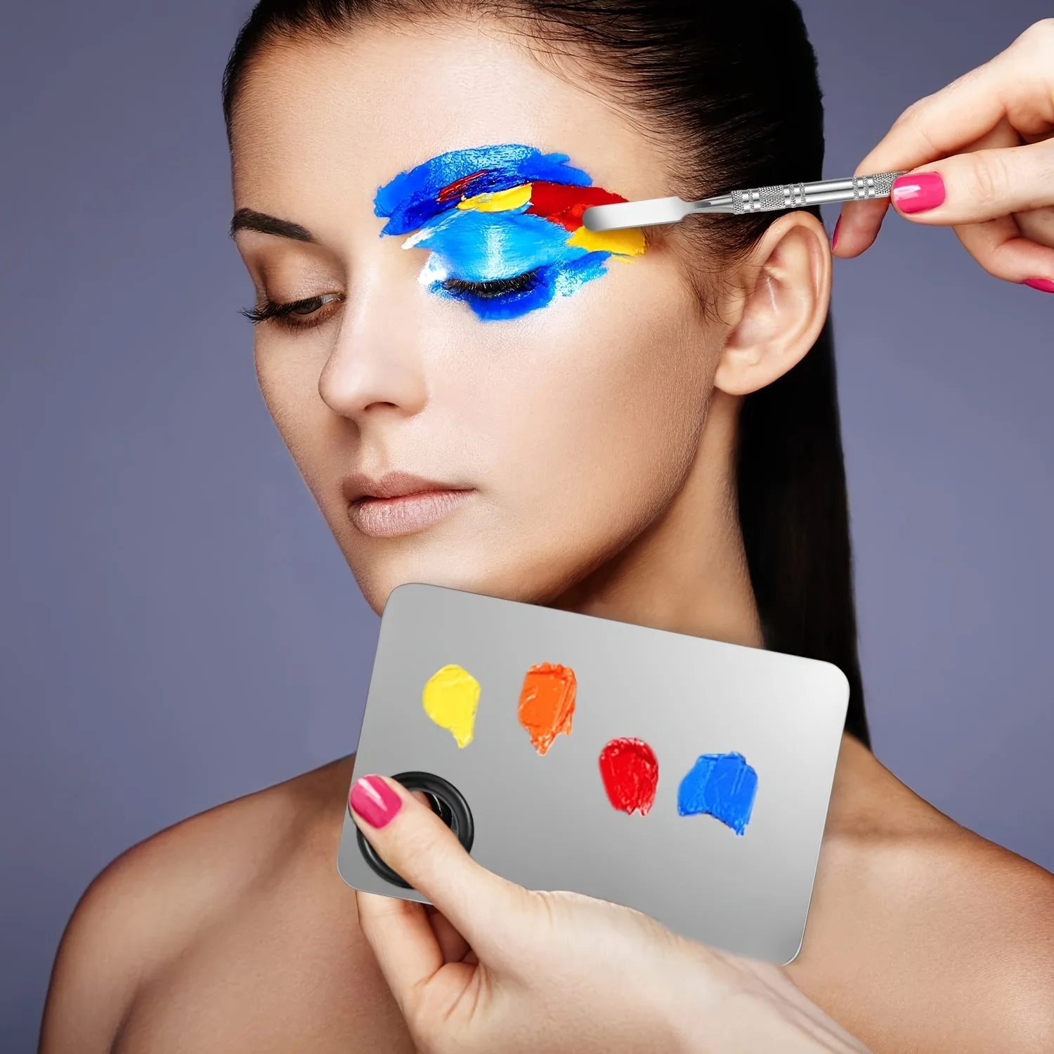 1개 메이크업 파운데이션 스프레더 세트 - 링이 있는 스테인리스 스틸 팔레트 및 브러시 - 파운데이션을 바르고 블렌딩하는 데 완벽합니다