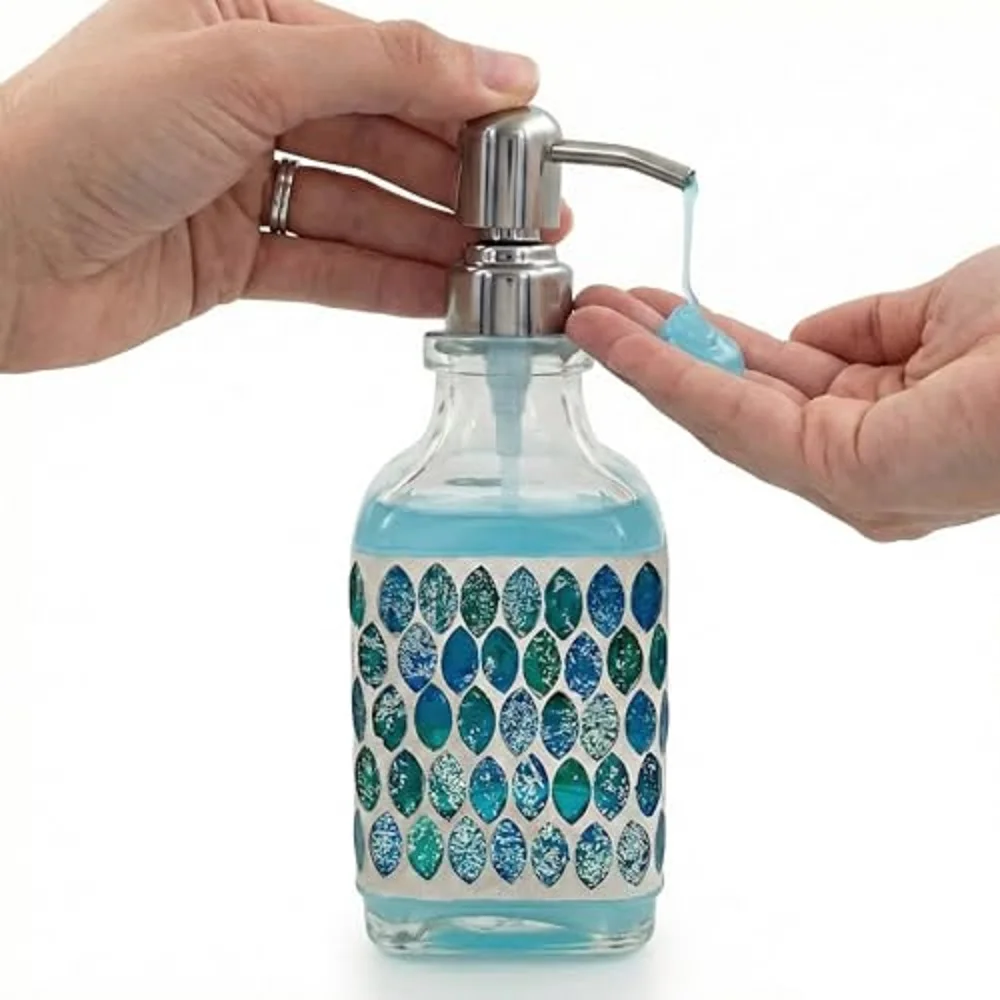 Handcrafted Mosaic Glass Soap Dispenser, Modern Countertop Hand & Dish Soap Dispenser for Bathroom/Kitchen, Refillable Liquid So