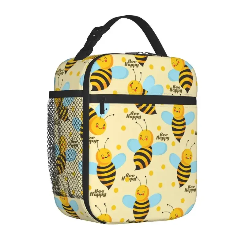 Cartoon Bees Bee Happy Insulated Lunch Bag Portable Reusable Thermal Cooler Oxford Lunch Box Food Bento Tote Bag for Boys Girls