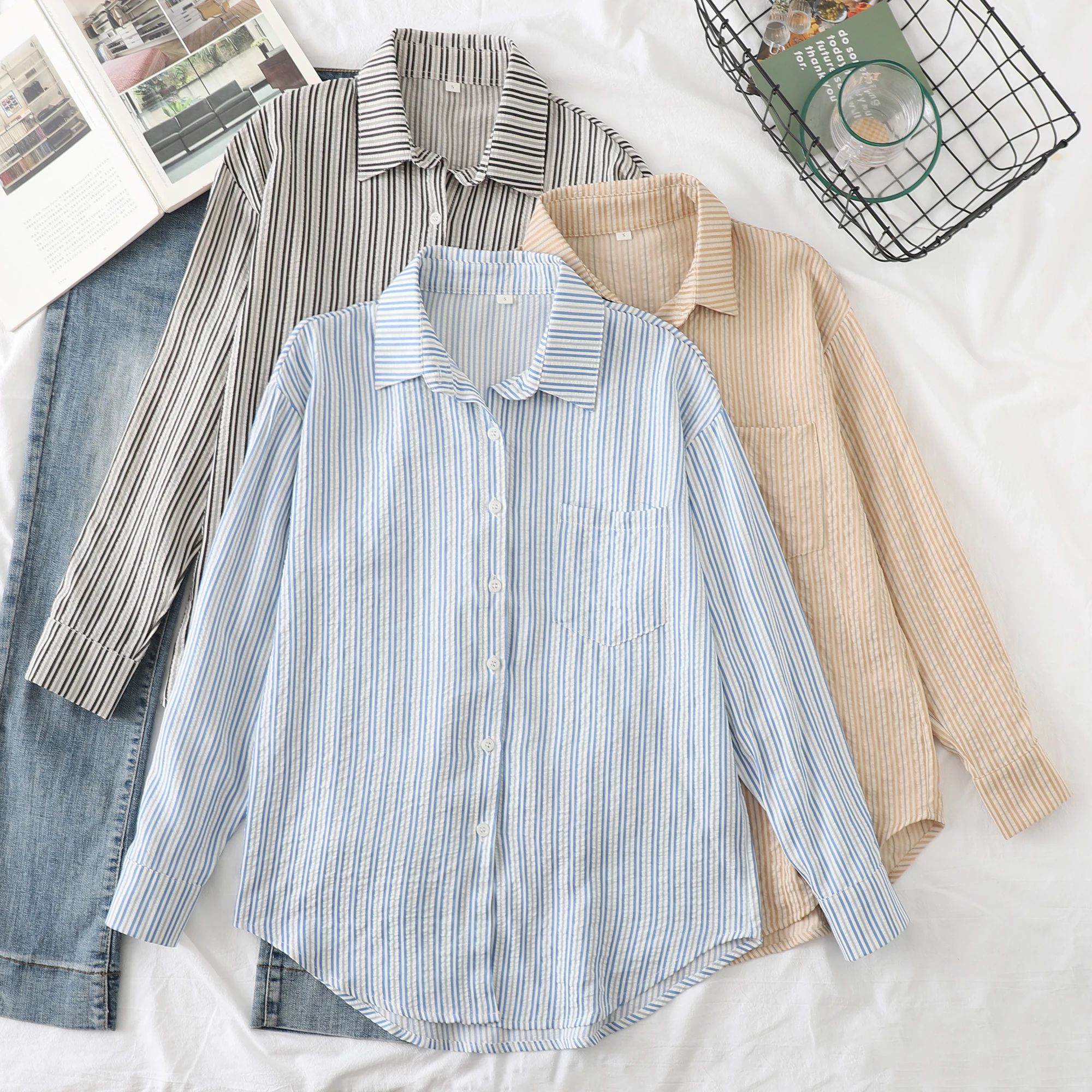 2025 تصميم جديد رائع أزرق أسود مخطط قميص المرأة عادية كم طويل بلوزة قطن وبلوزات سيدة مكتب قمصان الملابس