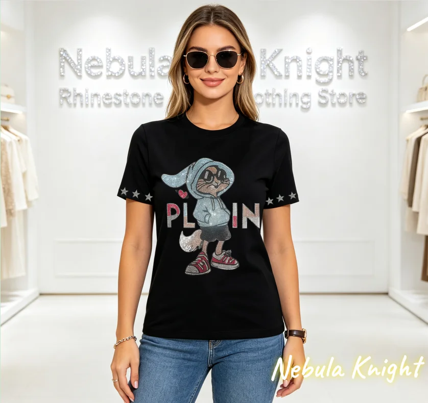 Luxury Crystal Rhinestone Women's Cotton Tee O-Neck Short Sleeve Summer Casual Sparkle Streetwear T-Shirt