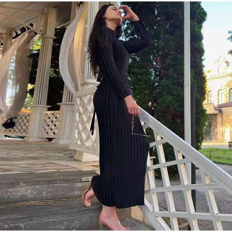 European and American style autumn semi high neck slim fit hip hugging long skirt pleated long sleeved lace up fashionable dress