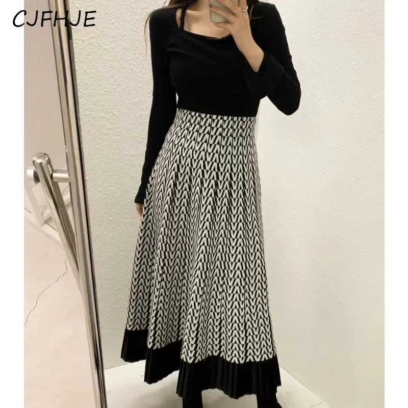 CJFHJE Women's Spring Retro High Waisted Patchwork Pleated A-Line Knitted Skirt Korean Style Fashionable Women's Casual Skirts