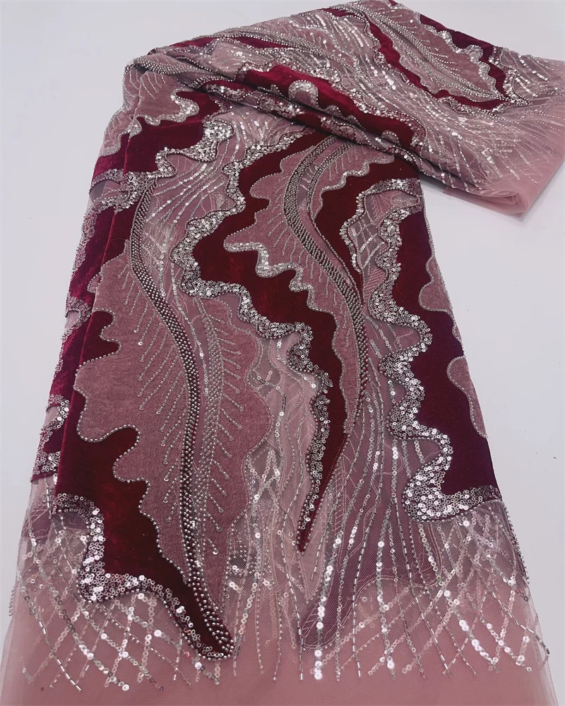 

Pink Luxury African Velvet Lace Tulle Fabric Beaded Embroidery French Sequin for Women's Dresses Wedding 5 Y