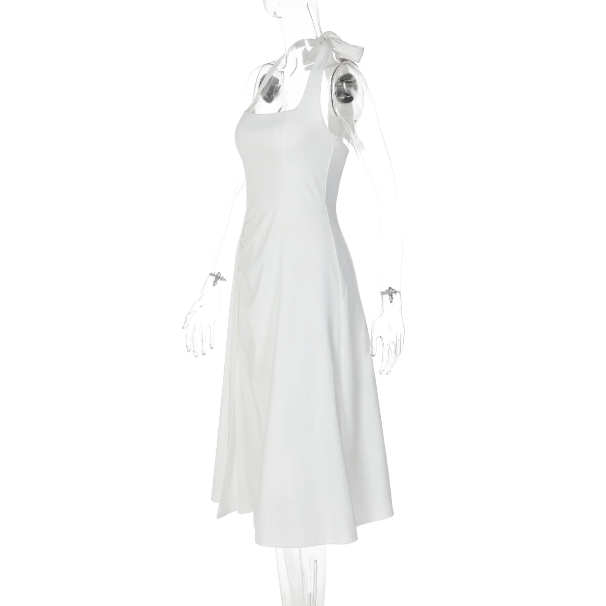 Hugcitar Modisches Kleid mit quadratischem Ausschnitt, einfarbig, rückenfrei, gerüscht, Bandage-Stil, sexy Midi-Abschlussballkleid, Sommerkleidung für Damen, Abendparty, Urlaub – Detail 3