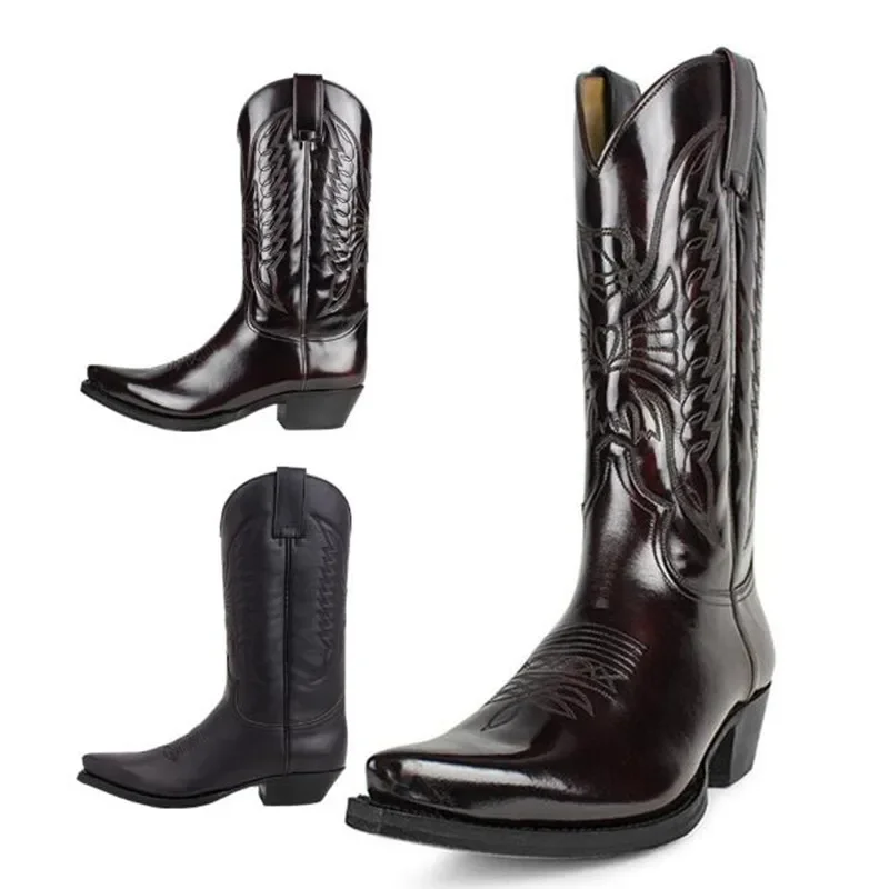 Cowboy Men Women Country Vintage Knight Western Motorcycle Boots Leather Embroidered Pointed Toe Mid Calf Work Shoes Comfortable