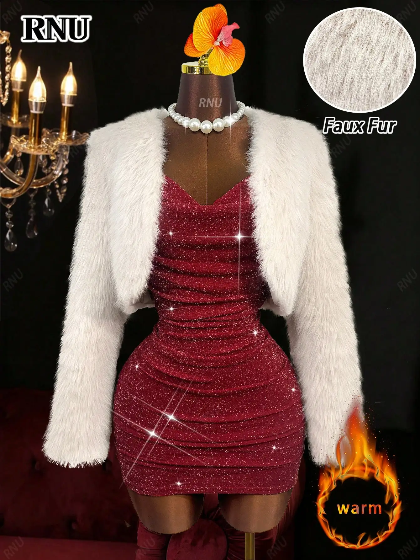 

White Faux Fur Short Jacket for Women, Warm & Elegant, V-Neck Open Front, Perfect for Winter Parties & Formal Events