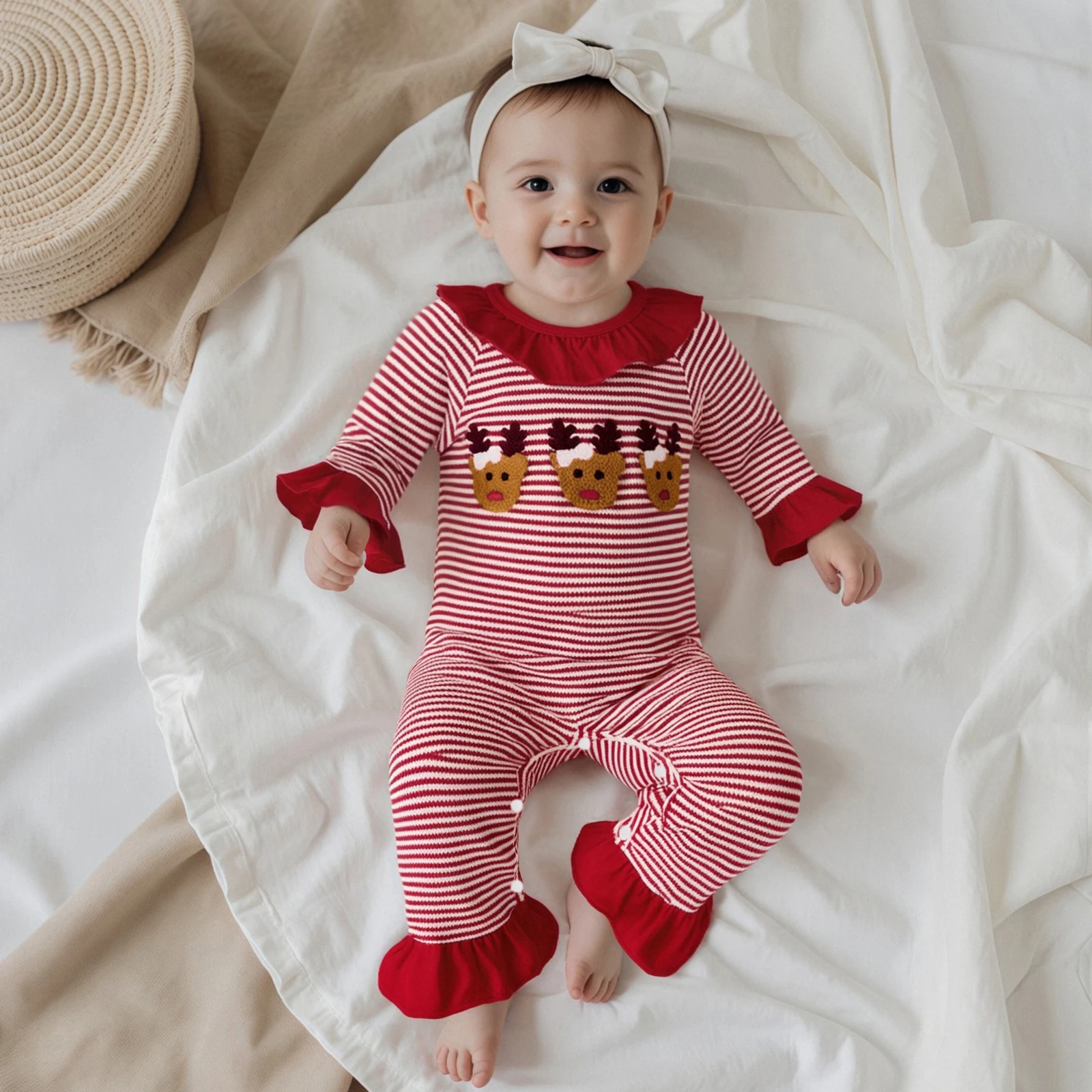 

Newborn Baby Girl Christmas Outfit Ruffle Romper Long Sleeve Jumpsuit Cute Infant Girl Christmas Clothes