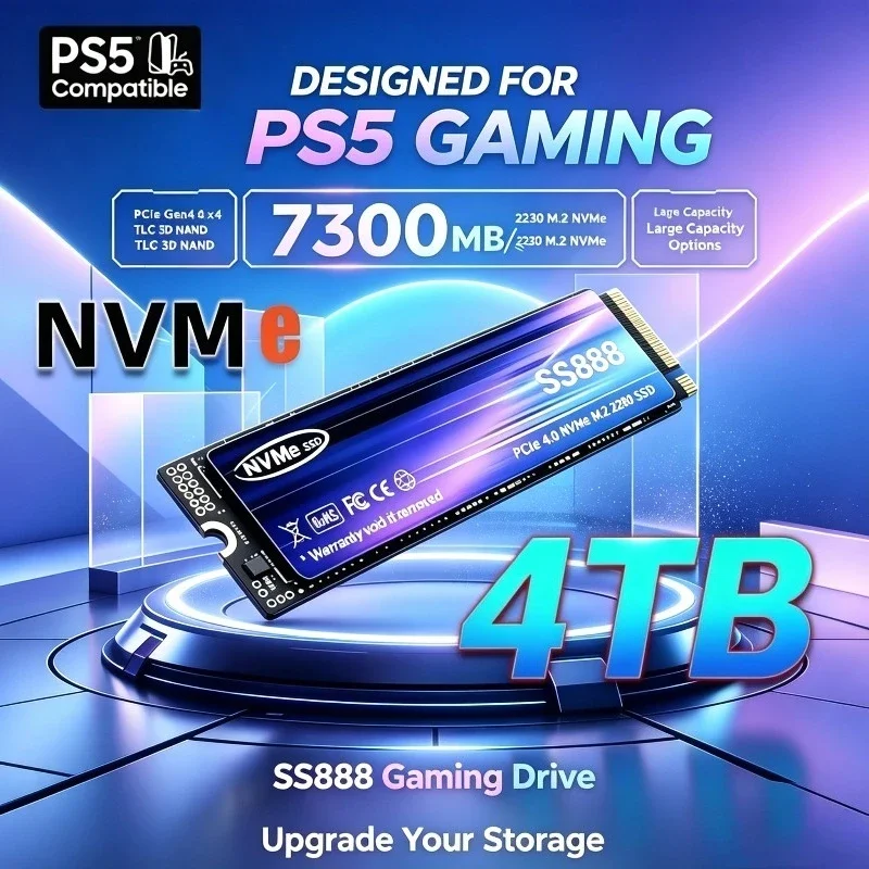 New SS888 M.2 2280 SSD 7300MB/s NVMe PCIe Gen4.0x4 Internal Solid State Drive PS5 Dynamic TLC Cache for Gaming PC Laptop