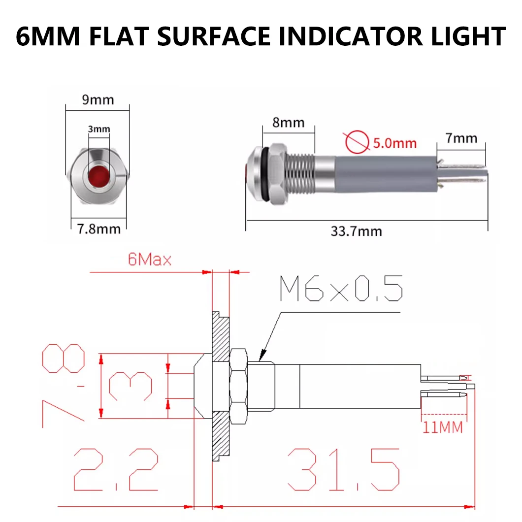 ABILKEEN 20PCS 6MM LED Meal Indicator Light IP65 Waterproof LED Signal Pilot Light AC/DC 3~220V Indicator Light 2Pin Terminal