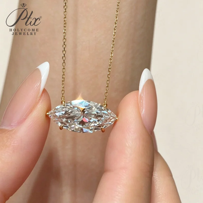 Diamant-Halsketten 1CT Marquise-Schliff S925 Silber 14K Gold East West Einzelstein-Anhänger für Damen Hochzeit Feiner Holycome Schmuck – Detail 7