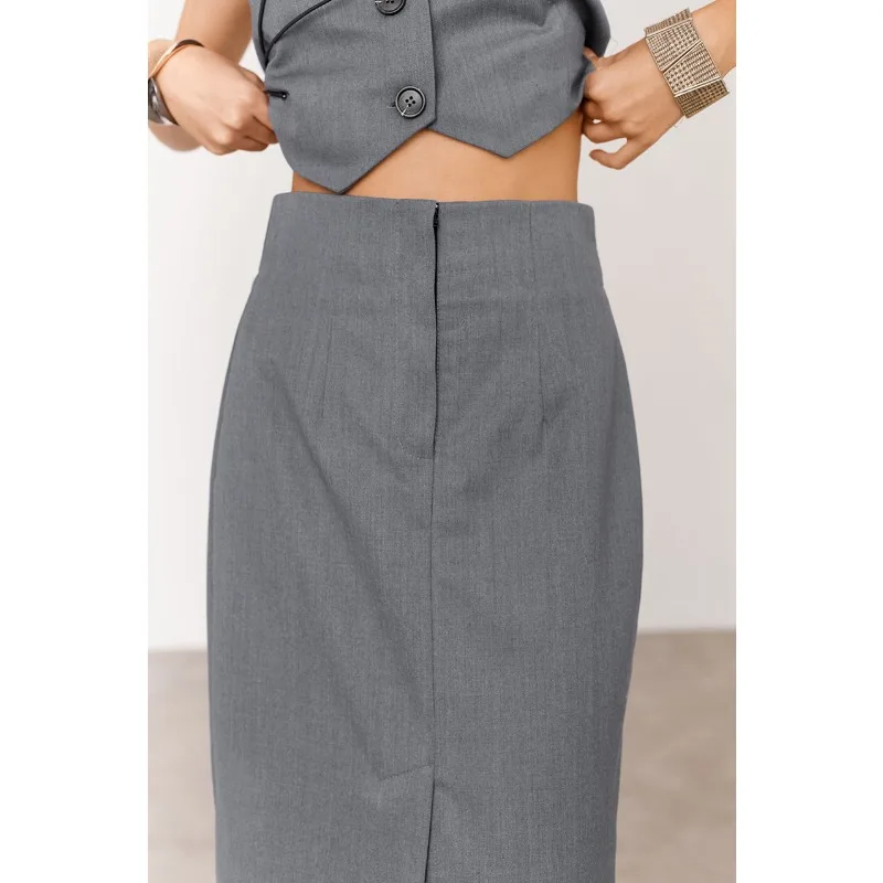 2024 Spring New Women's Fashion Grey French Sleeveless Vest Top & Skirt Set Temperament Commuting Female Elegant Skirts Outfits