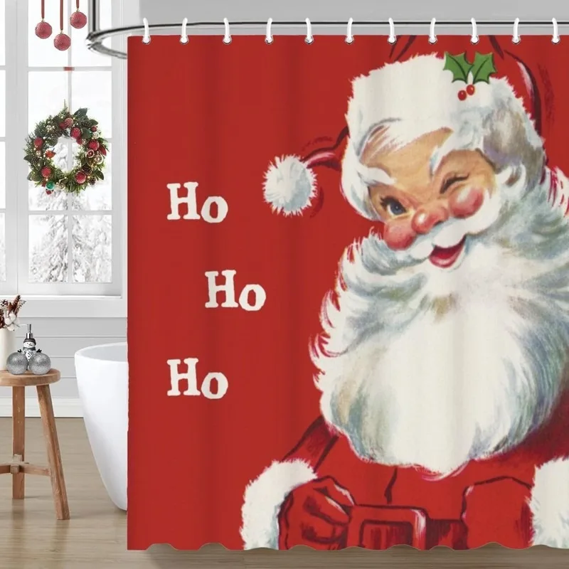 Red Background Wink Santa Claus Holly Christmas Bathroom Shower Curtain No Drilling with 12 Hooks Holiday Decor