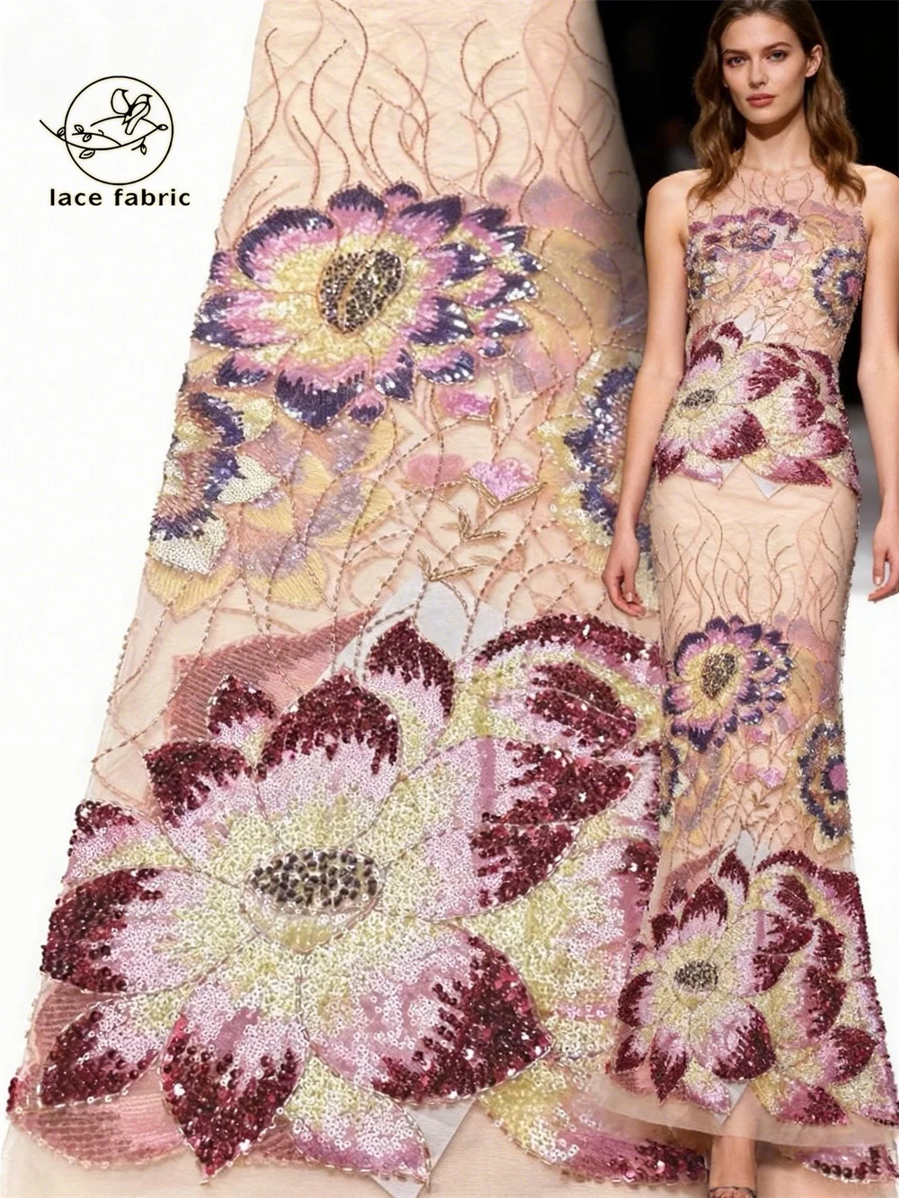 

Модная африканская роскошная ткань с бисером и кружевом 2026: высококачественная французская ткань с пайетками и вышивкой для свадебных и праздничных платьев, 5 ярдов