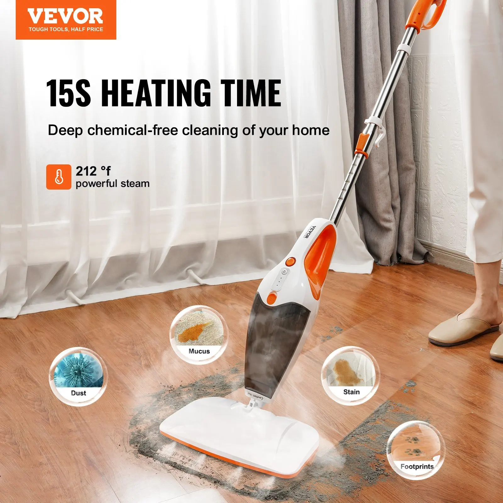 Steam Mop, 5-in-1 Hard Wood Floor Cleaner with 4 Replaceable Brush Heads, for Various Hard Floors with Machine Washable Pads