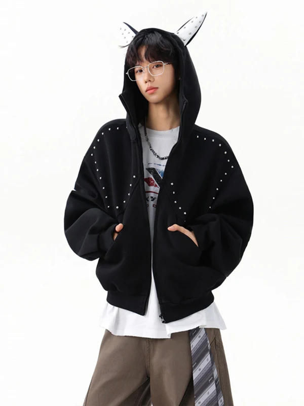 2025 الربيع والخريف نمط جديد برشام المرقعة تصميم الوقوف طوق رمادي هوديي زوجين تنوعا أسود قصير سترة سترة