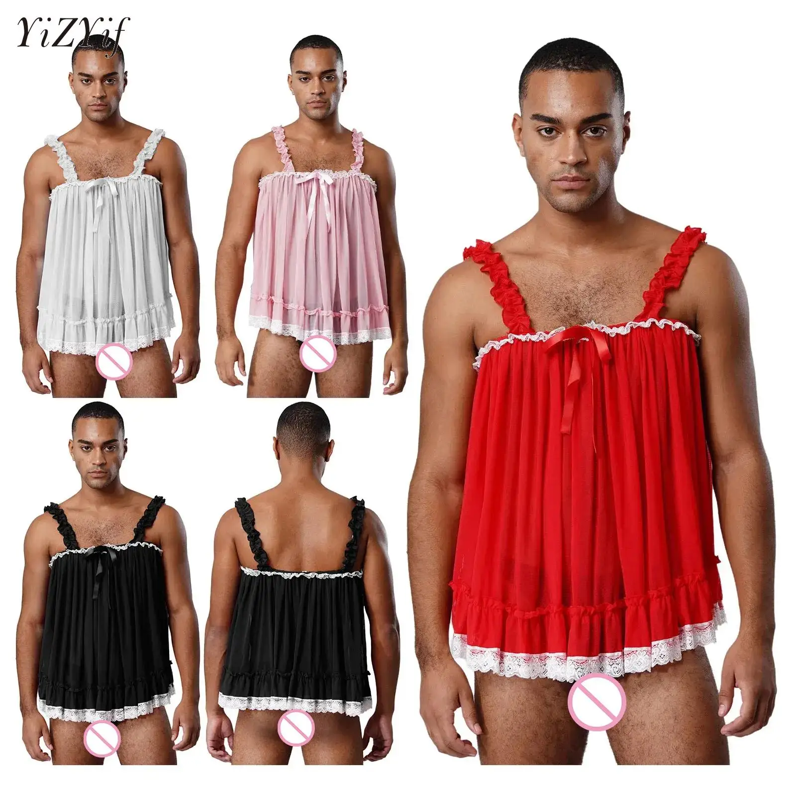 

Mens Male Sexy Sissy Sheer Mesh Top Ruffle Straps Bow See-Through Mesh Lace Trim Camisole Slip Top for Crossdresser Transvestite