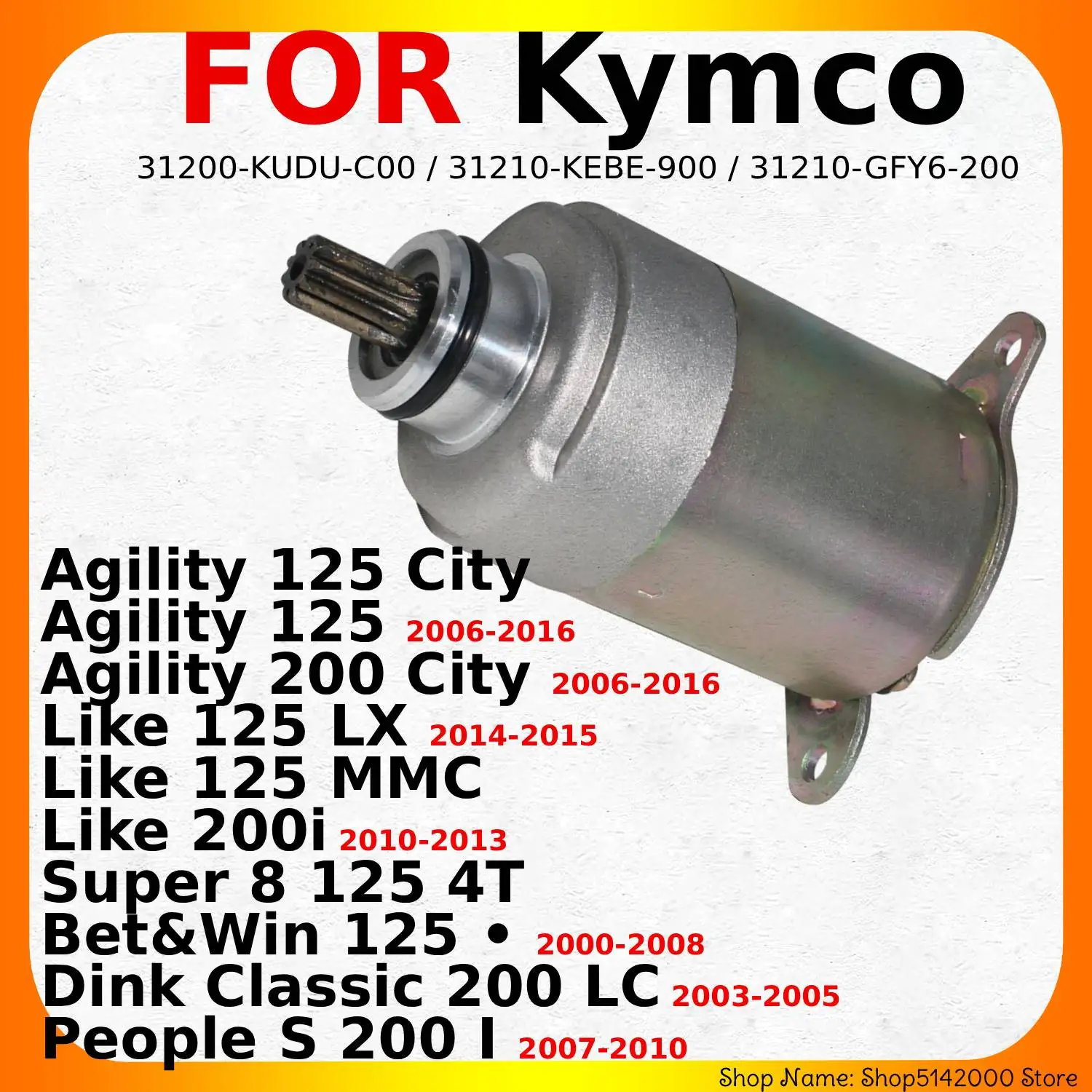 Motor de Arranque para Motocicleta Kymco Agility 125, City 200, City Like 125, LX Dink Classic 200, LC People S 200 I OEM:31200-KUDU-C00