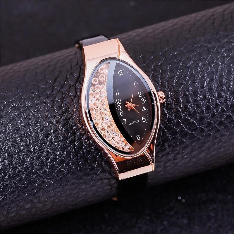 Elegant Women Crystal Oval Dial Quartz Wrist Watches Lady Leather Strap  Casual Watch Gift