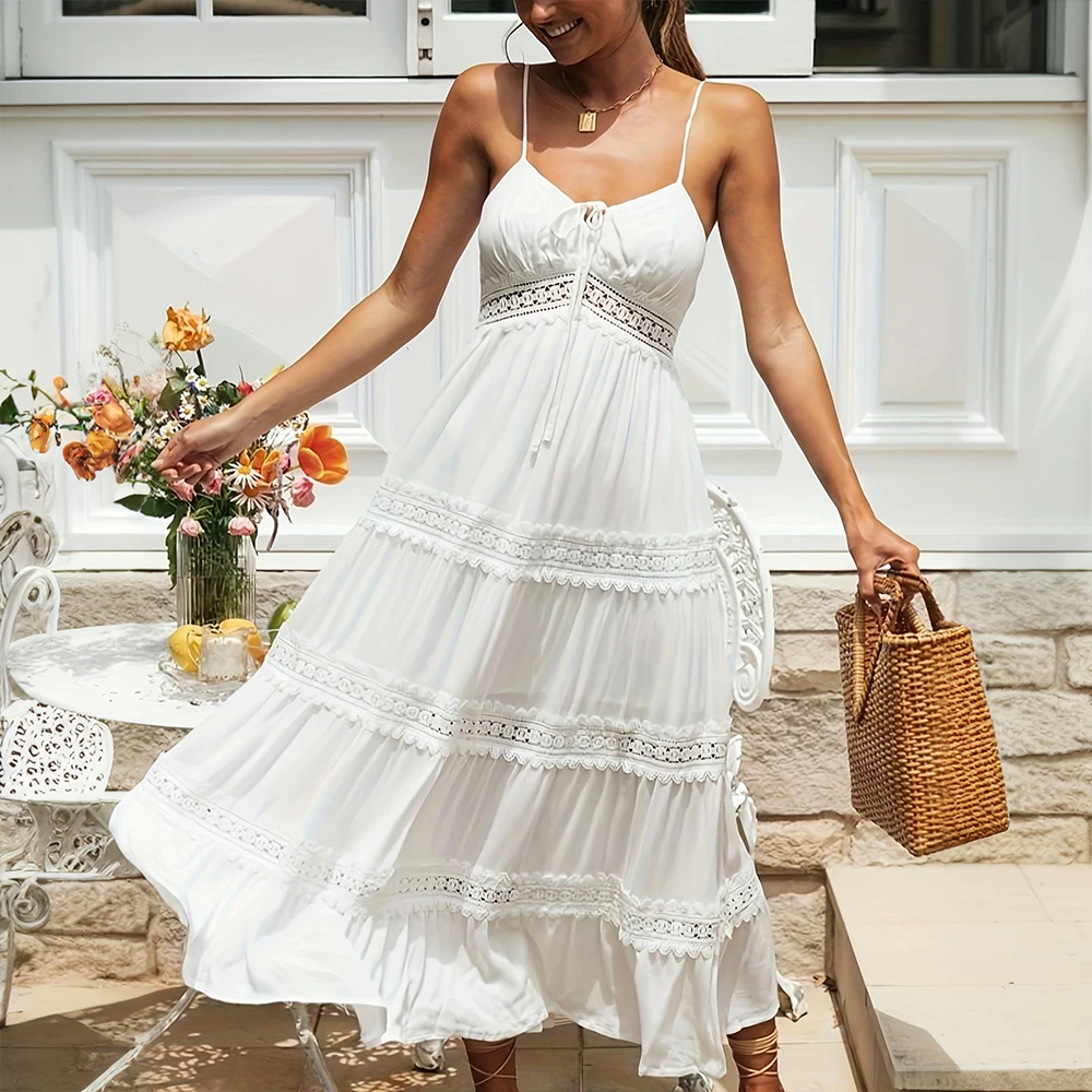 Damska solidna Boho z paskami koronkowa plaża wakacje długa sukienka maxi letnia damska bez rękawów wakacje codzienna sukienka letnia rozmiar S-2XL