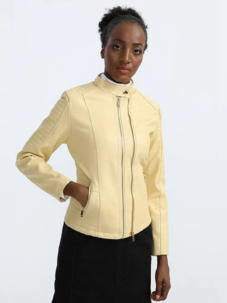 Veste en cuir PU à manches longues et col montant pour femme, Slim Fit pour dames, deux vêtements avec fermeture éclair, nouvelle collection automne hiver 2022