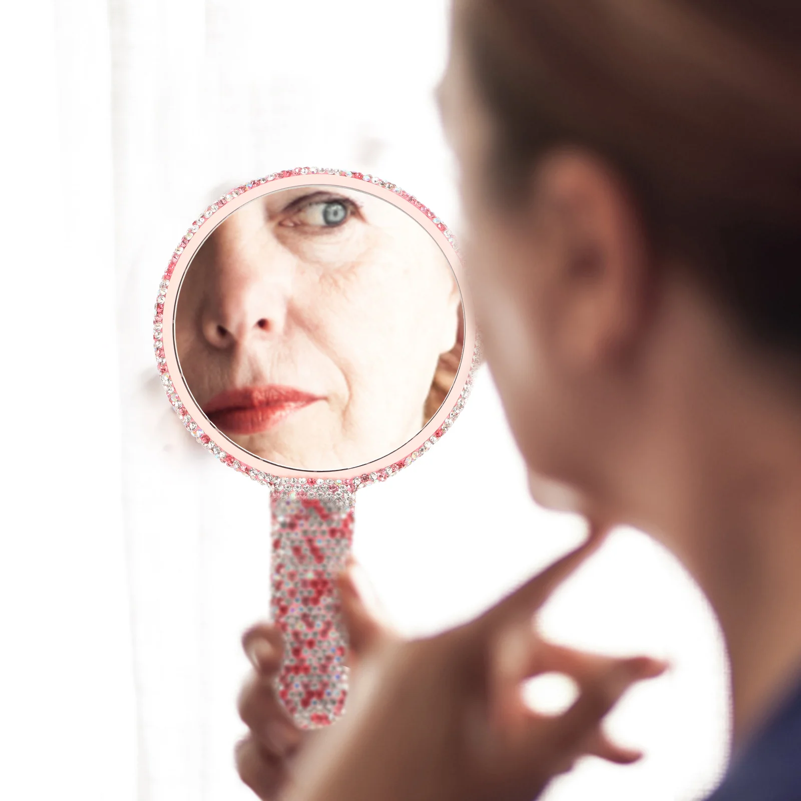 Chic Rhinestone Accent Mirror Handheld Mirror for Women Shatterproof Clear Reflection Easy Carry Design