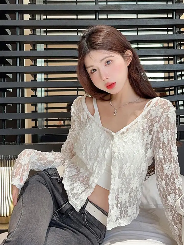White Lace Sun Protection Shirt Short Sleeve Long Sleeve Women's Fashionable Summer Top Transparent Hollow out Cardigan