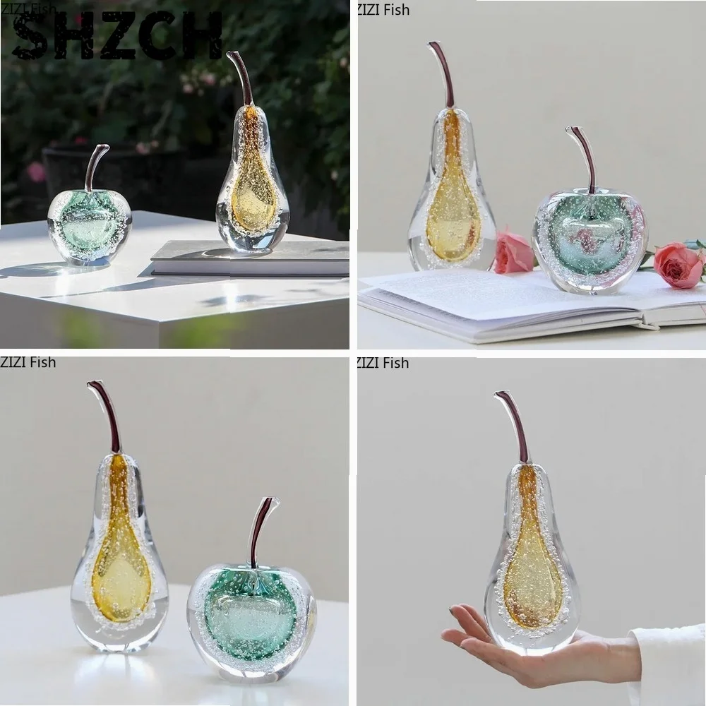 Transparent Bubble for Apple Pear Glass Sculpture, Creative Fruit Desk Decor for Home Office Aesthetic