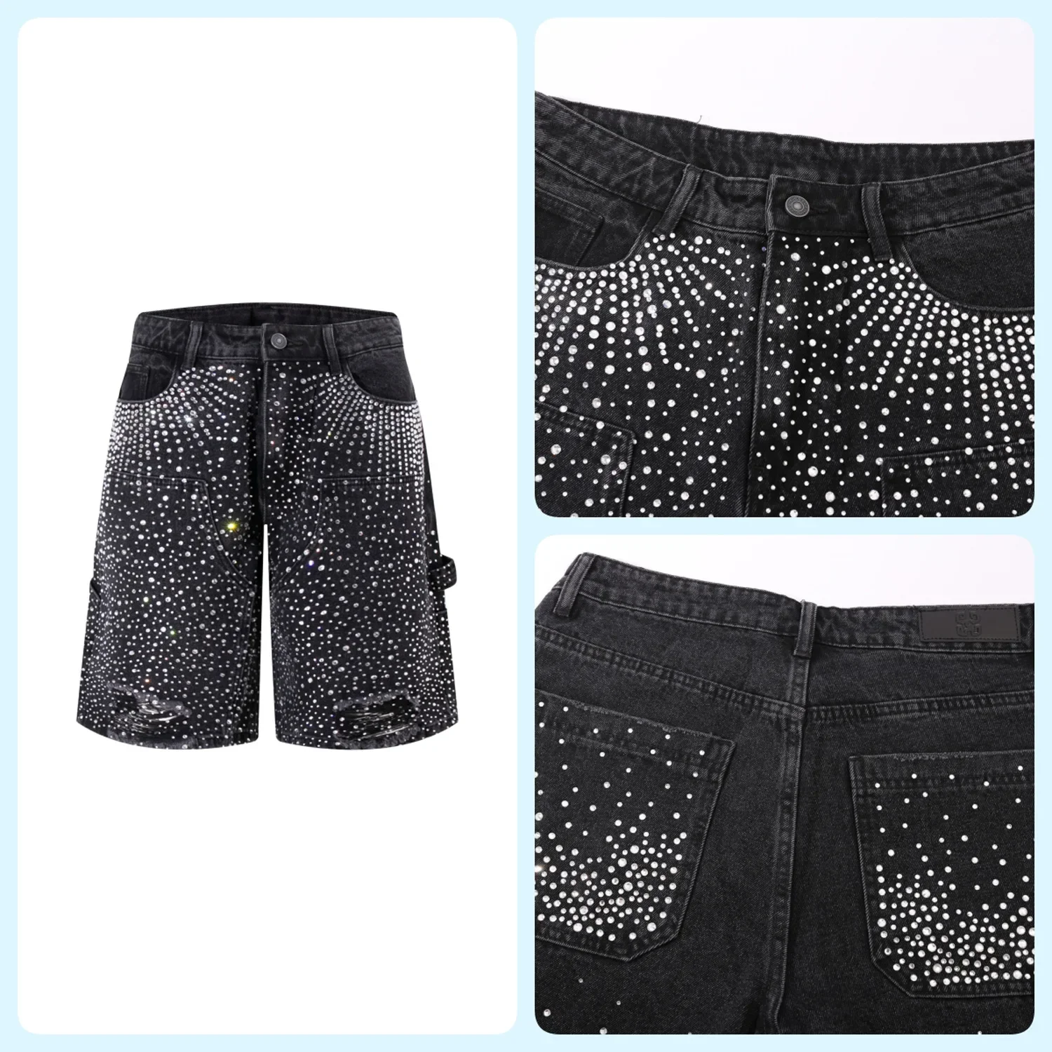 Men Loose Fit Straight Wide Leg Diamond Studded Simple Basic Casual Trendy Simple Basic Knee Length Denim Shorts Male Trousers