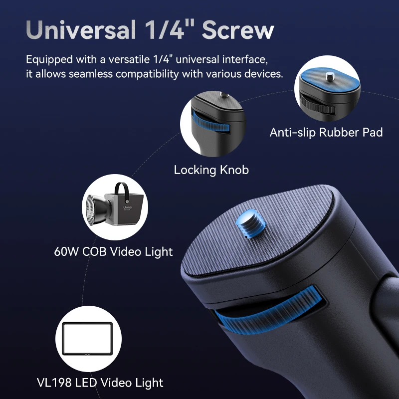 Ulanzi luz stand com interface Universal, tripé ajustável, LED vídeo, COB, fotografia, aperto de mão, versátil, LA03, 1/4"
