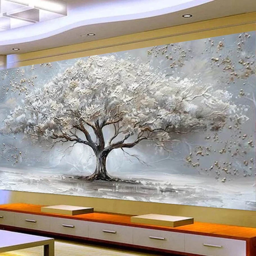 Fullcang Diy Diamond Painting Big Size Abstract White Tree Full Rhinestone Art Mosaic Embroidery Landscape Picture Wall Decor