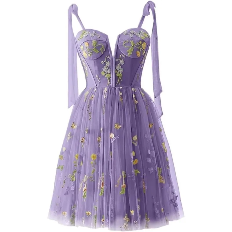 Flower Embroidery Tulle Homecoming Dresses Spaghetti Straps Sweetheart Neck Sleeveless Short Prom Robe Abendkleider Cocktail