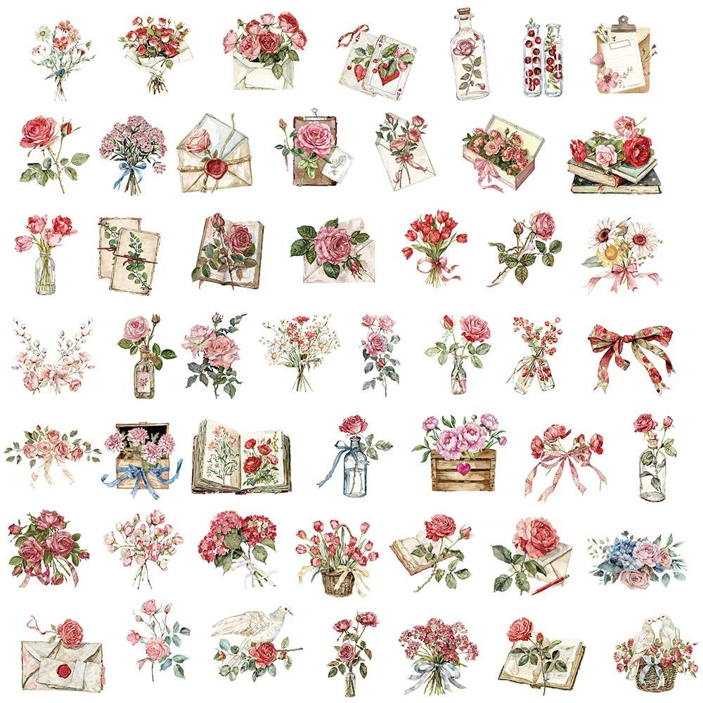 50PCS Small Fresh Flower Room Time Flower and Letter Flower Plant Plastic Stickers Bookkeeping Material Decorative Stickers