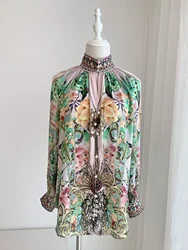 Women Beaded Blouse Floral Printed Hollow Out Stand Collar Long Sleeve Vintage 100% Silk Shirt