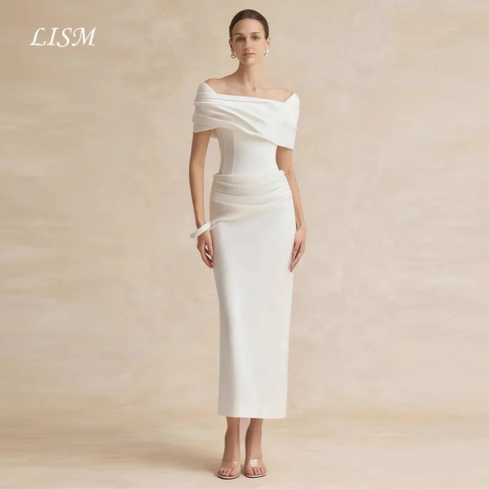 LISM Elegant White Party Formal Wedding Dresses Cap Short Sleeves Pleats Mid-calf Prom Gowns Wedding Party Event Customized