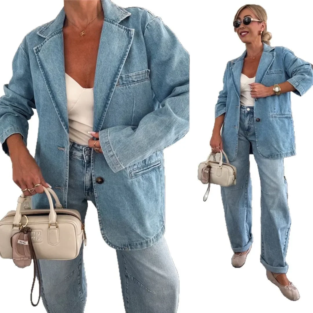 

Женский пиджак из выстиранного синего денима, повседневный, свободного кроя, из хлопка, модный стильный жакет