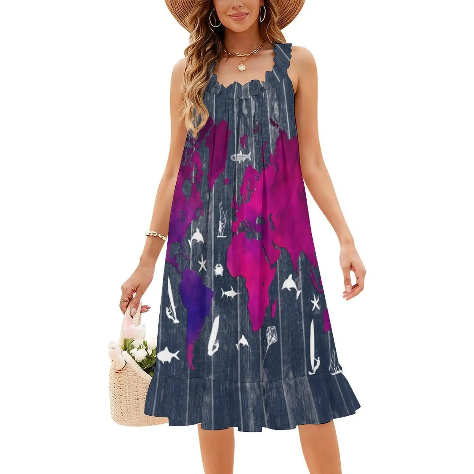 خريطة العالم 99 سمكة وركوب الأمواج # خريطة العالم # فستان على الطراز الكوري للنساء فستان كاجوال أنيق للحفلات أو خريطة الارتداء اليومي