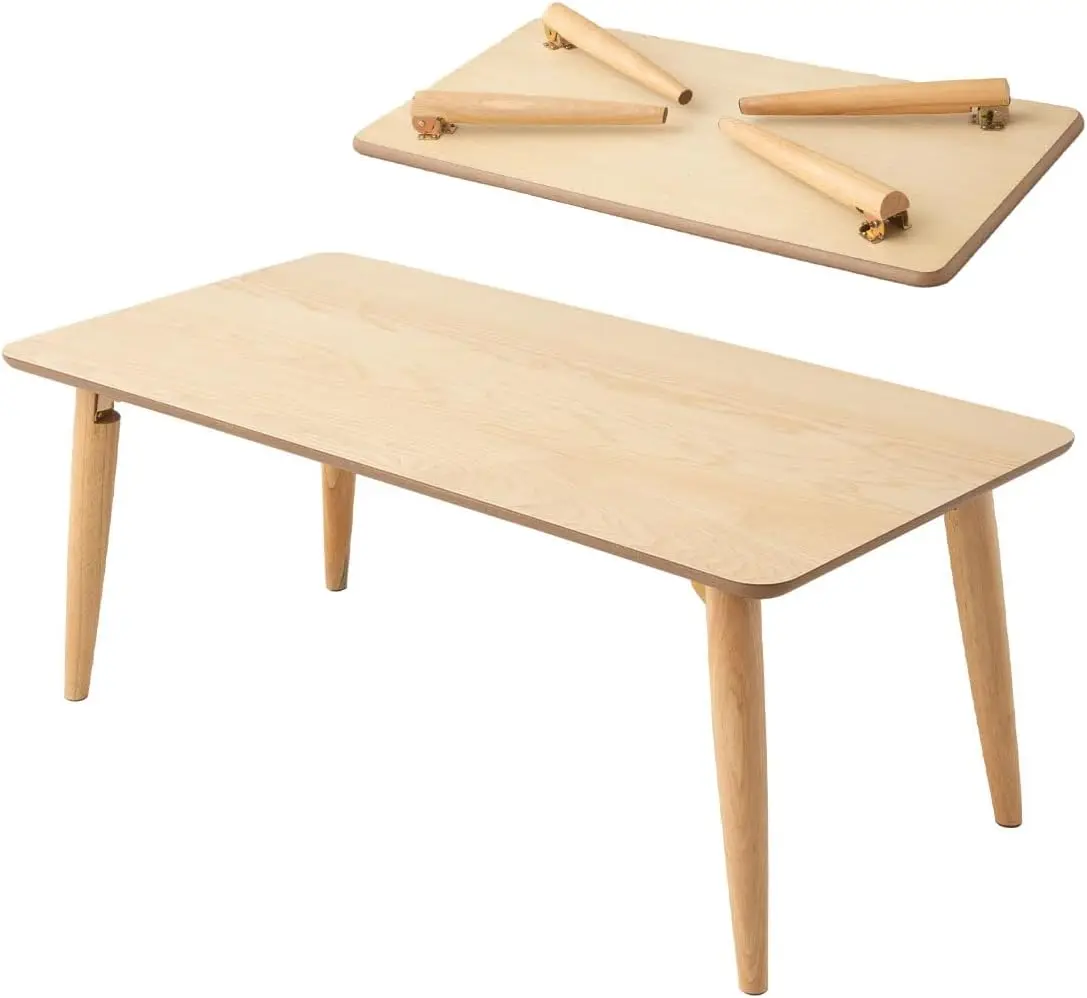 Wood Folding Coffee Table Rectangle Floor Sitting Low Table Small Space Minimalist Japanese Tatami Room Table Folding Legs Wooden Center Table Natural