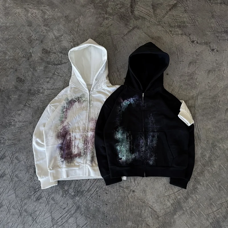 Y2K هوديي فضفاض غير رسمي طباعة المناظر الطبيعية الفنية موضة كم طويل زمم هوديي الرجال النساء خمر الشارع الشهير البلوز #5