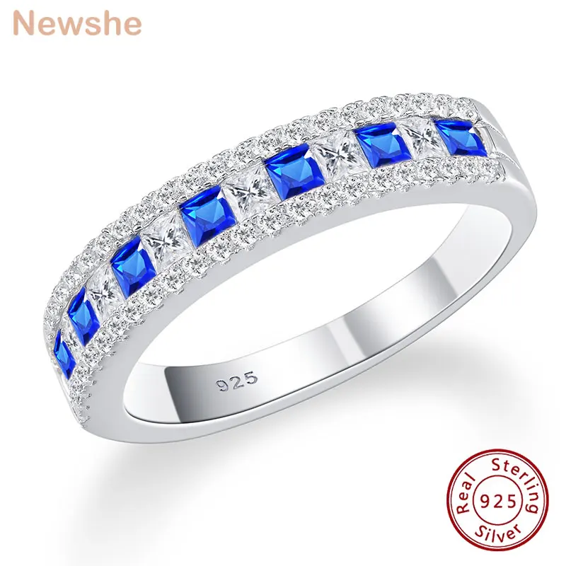 Newshe 925 Sterling Silver White Blue Lab Sapphire Princess Zircon Half Eternity Ring Wedding Band for Women Party Anniversary