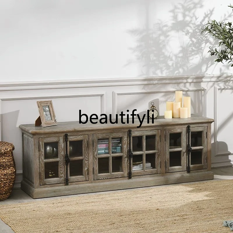 

American Country Retro Distressed TV Cabinet All Solid Wood Ash Wood Top and Bottom Lock Living Room Flat Floor Cabinet