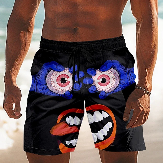Men's Cartoon Smile Face Big Eyes Beach Shorts Funny Outdoor Vacation Daily Side Board Shorts Summer Quick Drying Ice Shorts