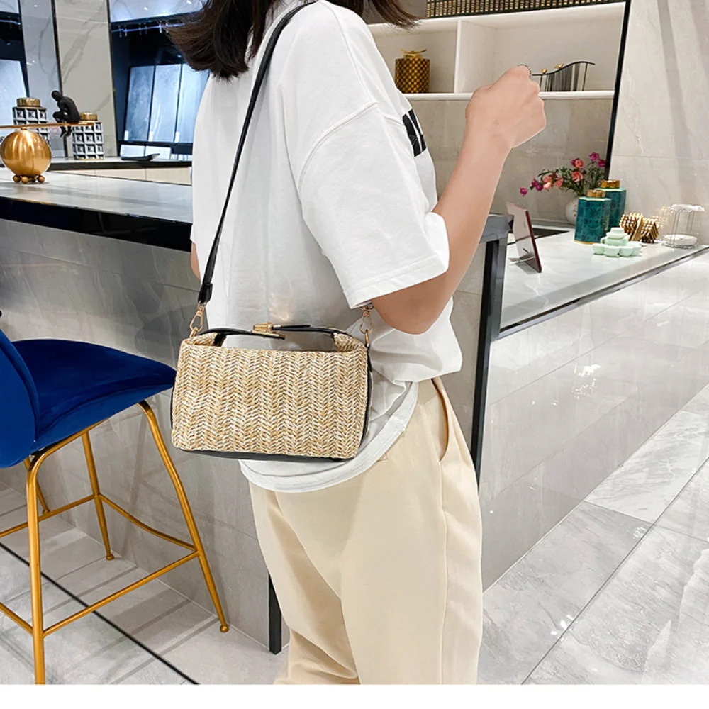 الصيف المرأة القش المنسوجة حقيبة يد الشاطئ حقيبة كتف عادية سعة كبيرة حمل حقائب يد موضة السيدات حقيبة كروسبودي عطلة #3