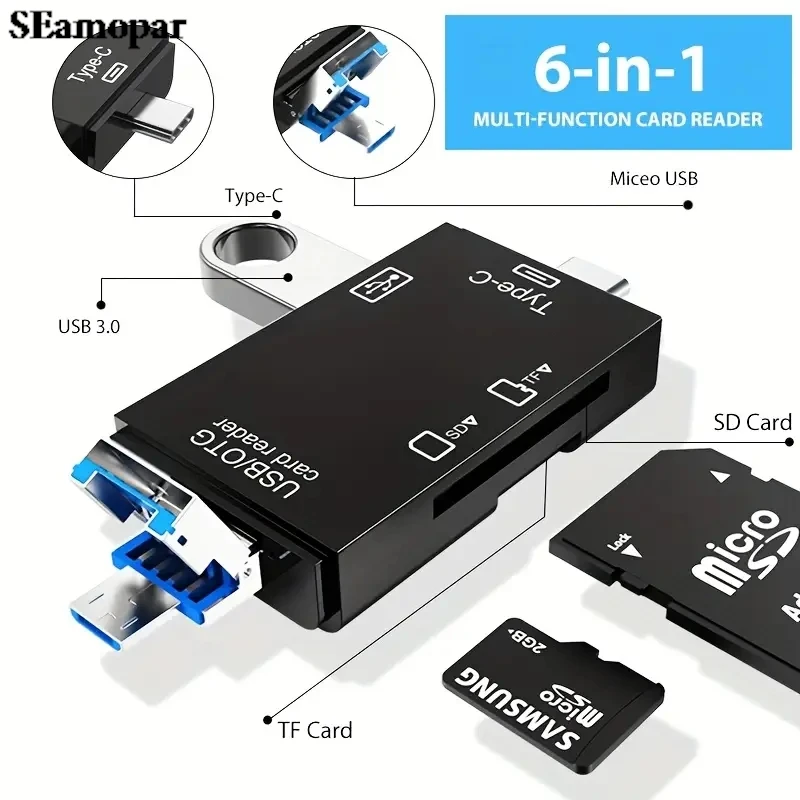

6-in-1 High-Speed Card Reader & OTG Converter Micro USB Type-C TF/SD Camera Adapter, Plug & Play, Portable Design for Laptops PC