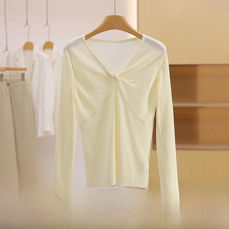

Slim Fit V-Ne Knitwear Pure Color Thin Brand Women's Autumn Faion Twisted Knot Regular Sve Length Warmth Heating
