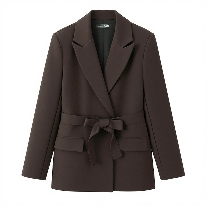 KEYANKETIAN 2026 New Women's Chic Brown Two Piece Pants Suit Long Sleeve Blazer With Belt High Waist Straight Leg Pants Business