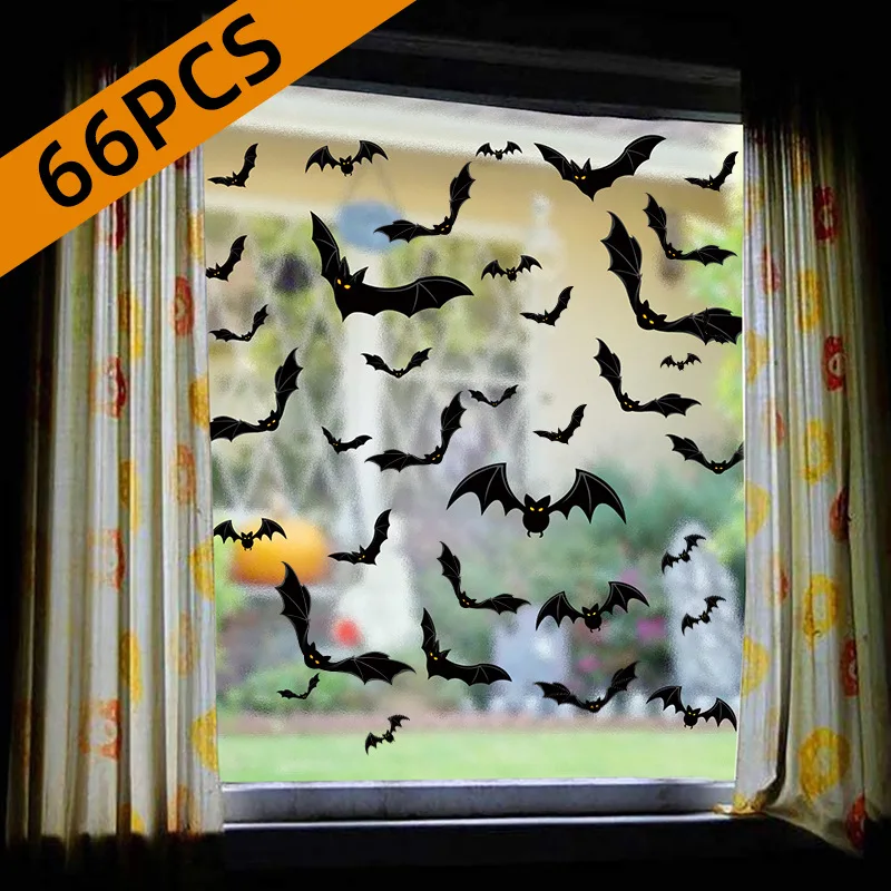 66 Halloween Bat Decoration Stickers Festive Bar Party Scene Arrangement Window Glass Decals DIY Home Shop Halloween Decoration